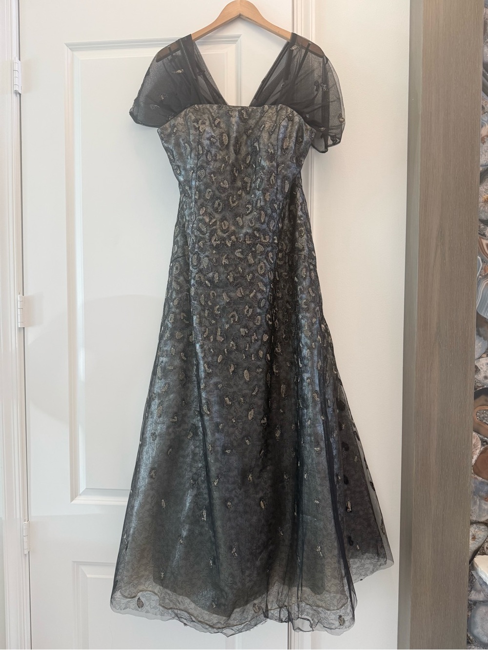 Black Metallic Lace Evening Dress with Sheer Cap Sleeves